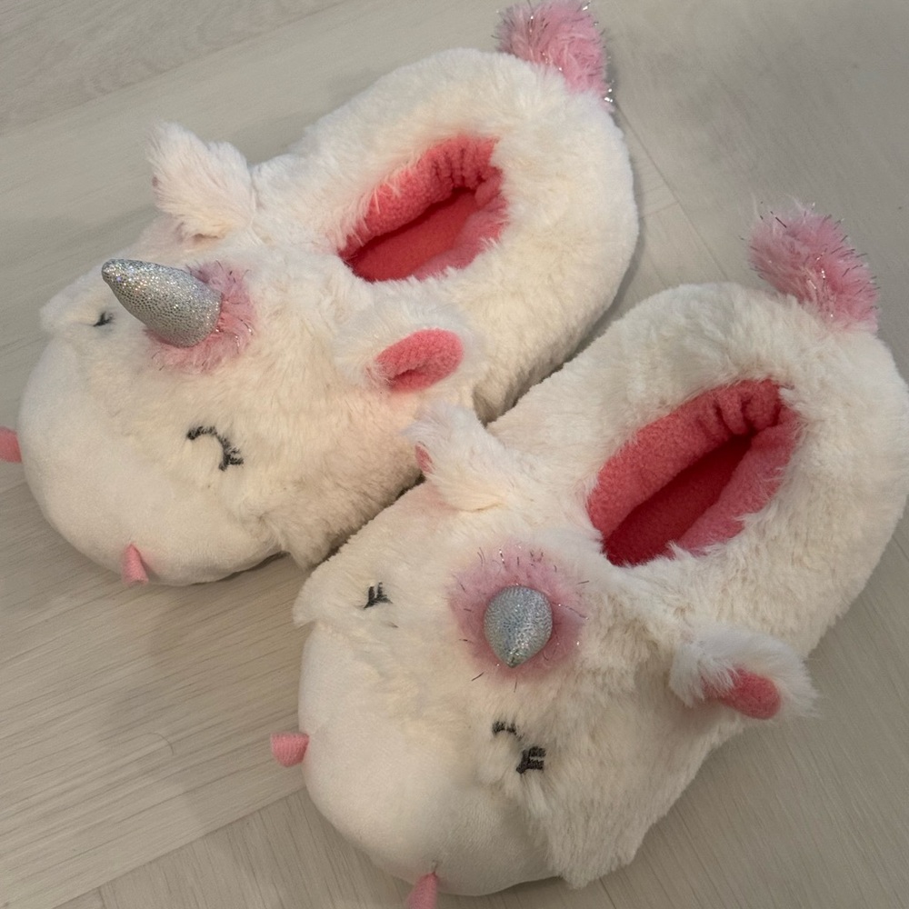 Unicorn Plush Slippers with Pink and Silver Accents